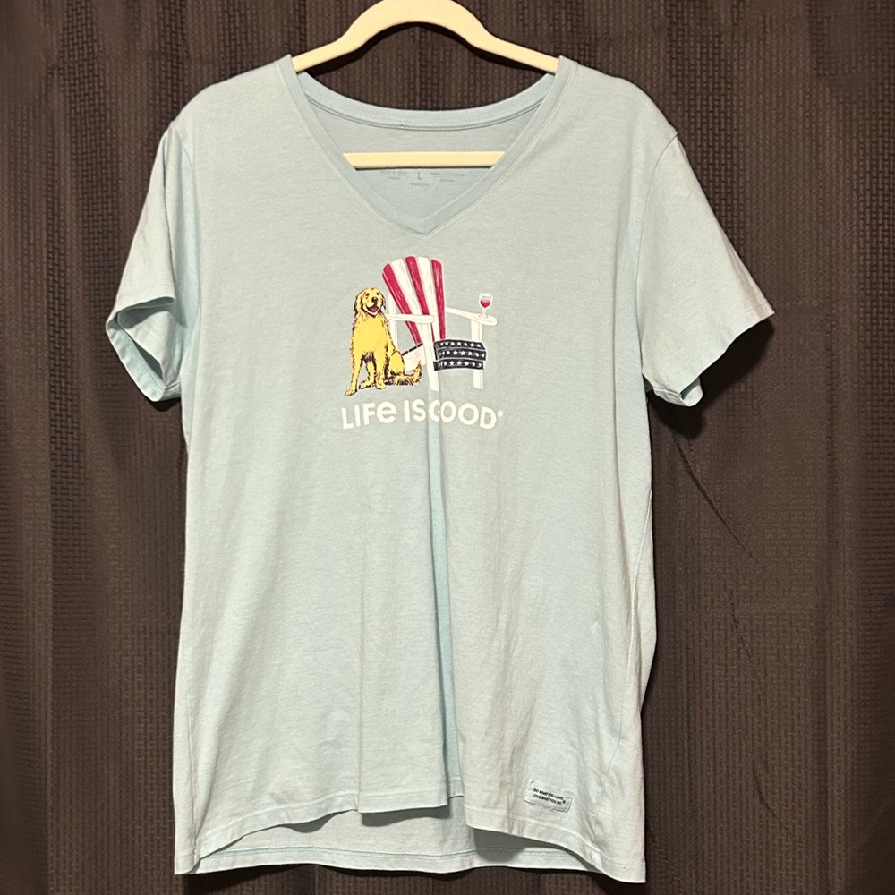 Life is Good Women’s Crusher Tee Baby Blue Dog Size Large